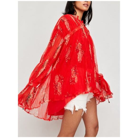Free People Dahlia Tunic Top Pleated Boho Red Women's Size Medium - Picture 1 of 7